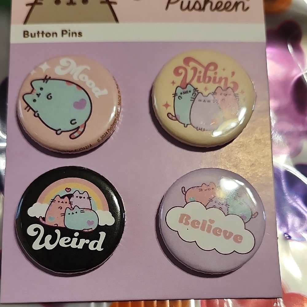 Pusheen Cat Button Pins Set - Pink, Black, Purple